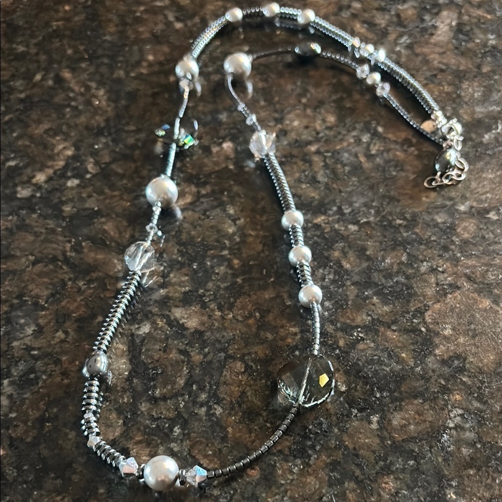 Emily Ray Silver and Gray Necklace with Intricate Beadwork Sterling 925
